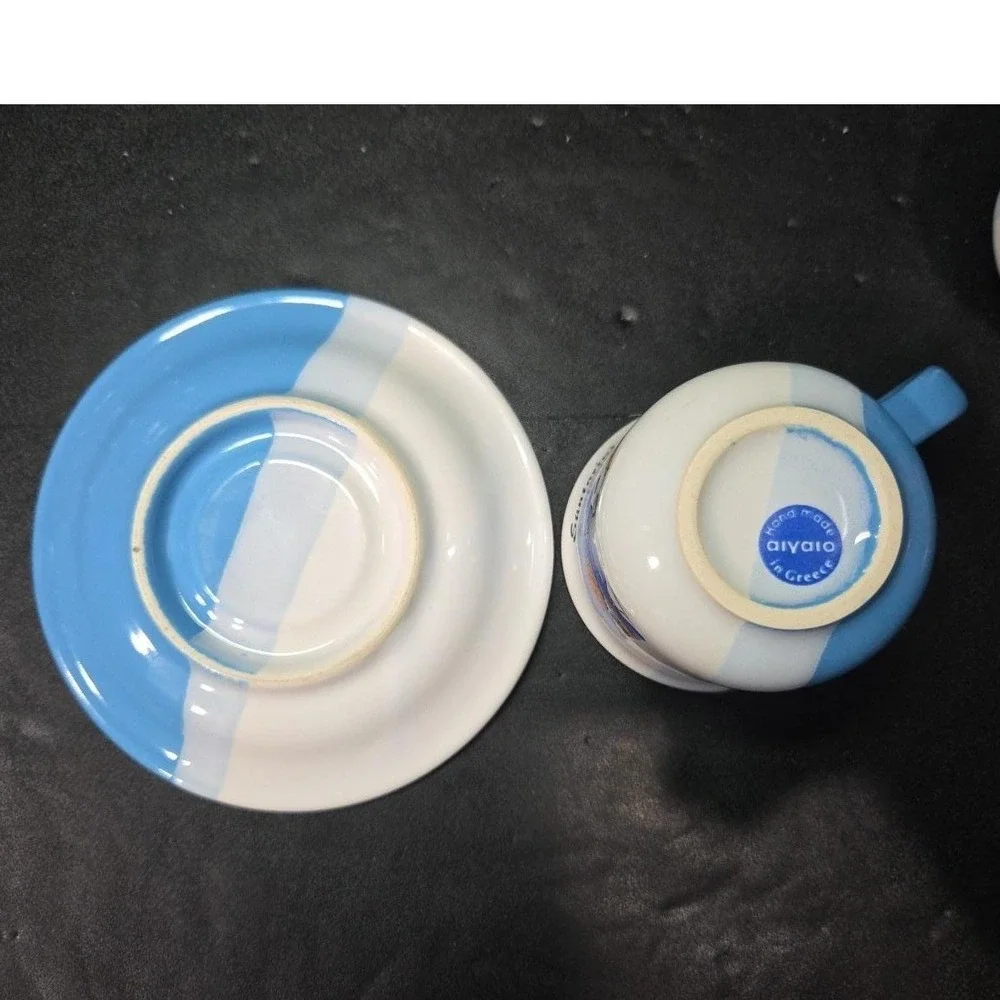 Greek Pottery Cup and Saucer Set, Santorini Coast Mug Blue White Greece Souvenir - Picture 8 of 10